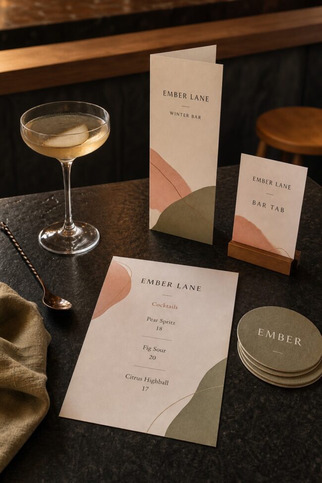 Bar and pub print kit · cocktail menu, table talker and 355gsm beermat-board coasters · full-colour digital print · matte finish · one coordinated venue brand