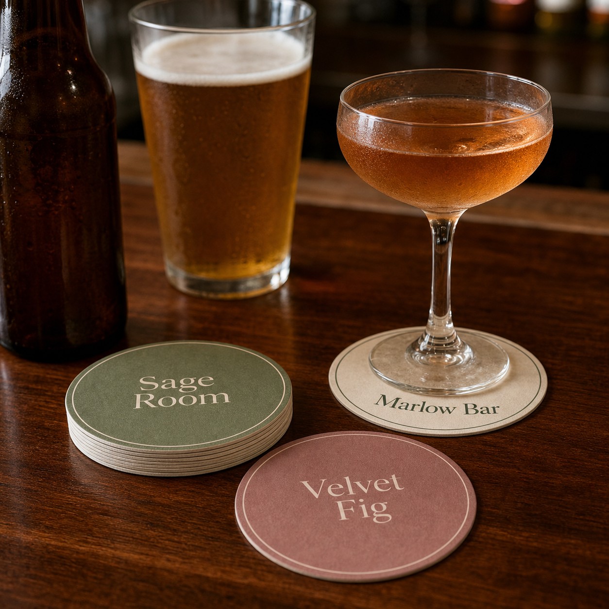 Round custom coasters · 355gsm absorbent beermat board · full-colour print · uncoated matte finish