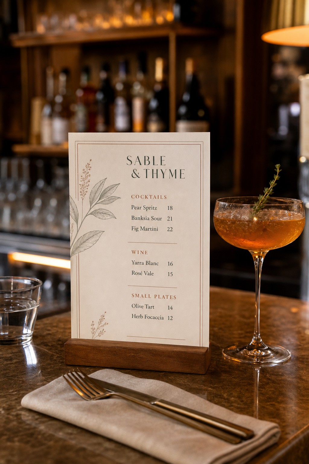 Cocktail and drinks menu · uncoated card · full-colour digital print · matte finish · shown in a timber menu stand