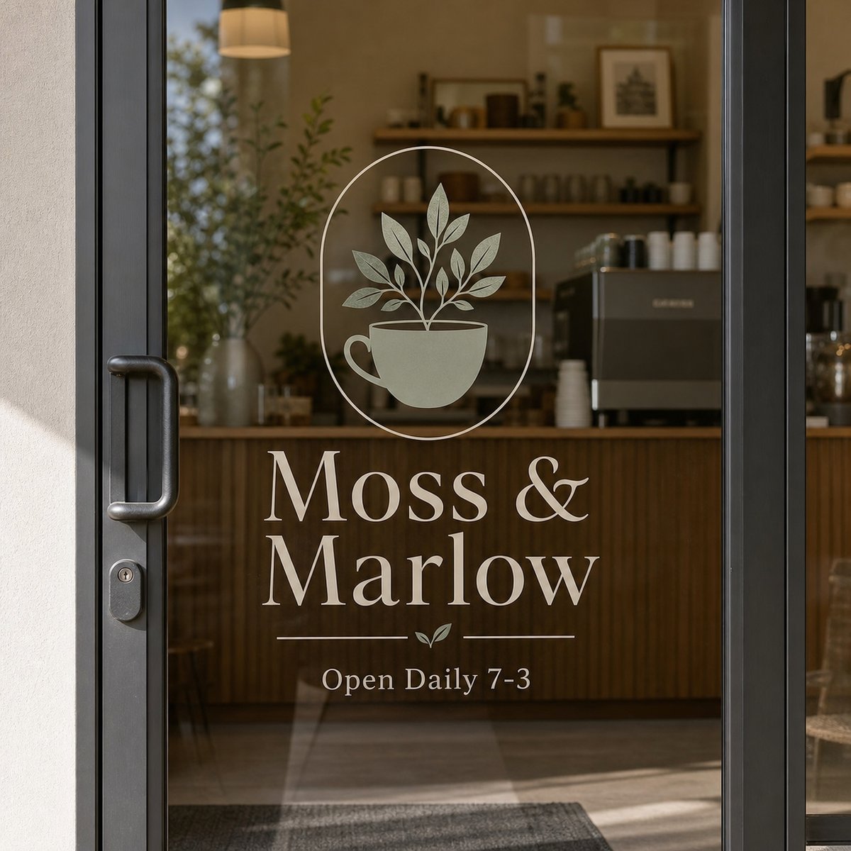A large window decal applied flat to a storefront glass door showing a boutique cafe logo and opening hours