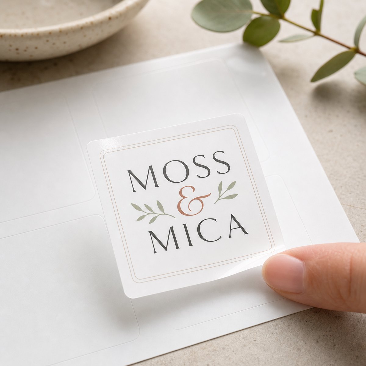 A kiss-cut sticker lifting cleanly off its square backing sheet, cut through the vinyl only so the liner stays flat