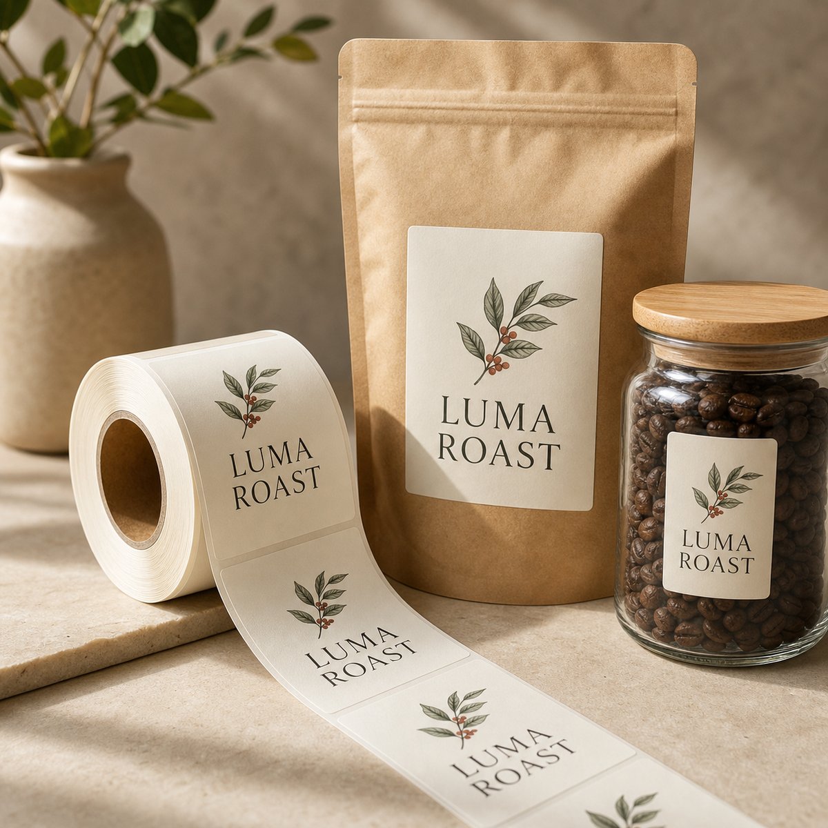 Printed labels on a roll partially unspooled, with several applied to kraft coffee bags and a glass jar