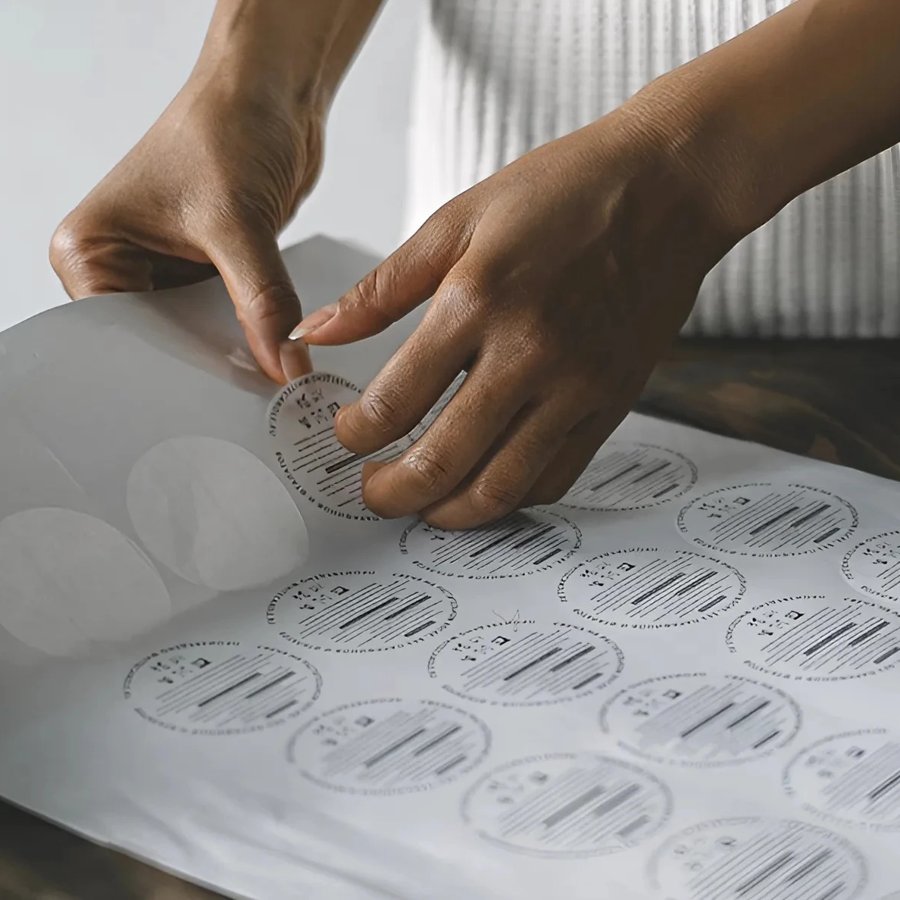 A hand peeling one kiss-cut sticker from an A-size sheet of multiple stickers
