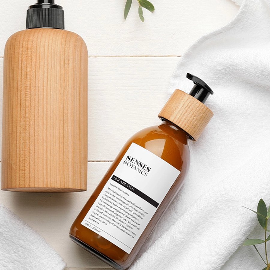 A durable white vinyl product label applied flush to an amber skincare bottle