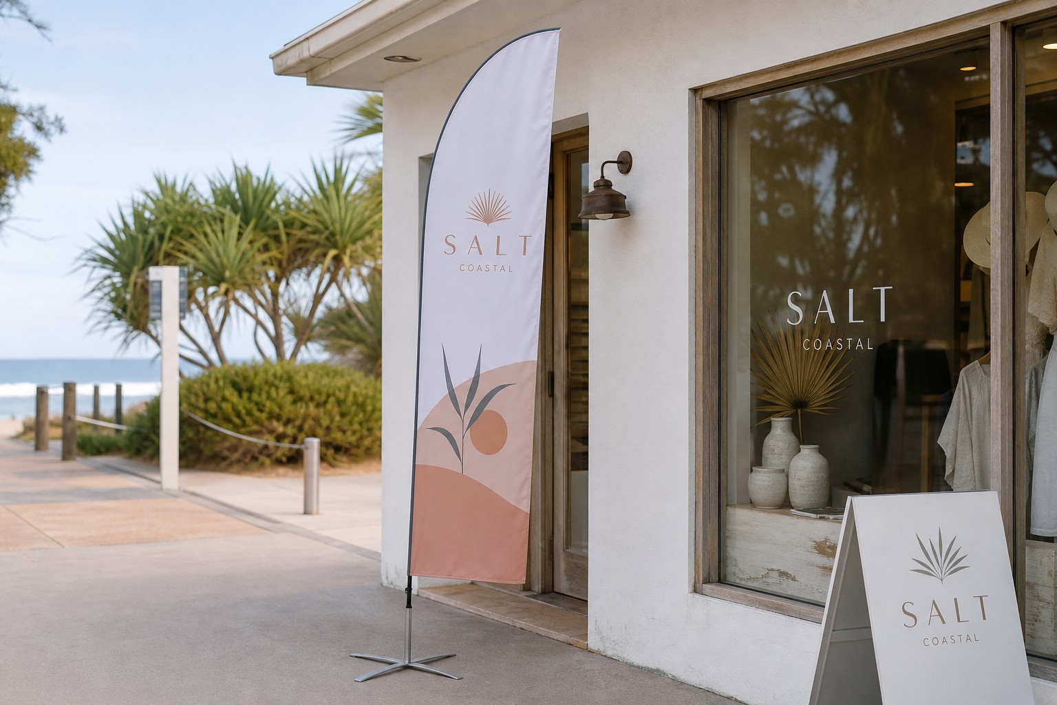 Bow banner flexing slightly in a sea breeze outside a beachside retail store