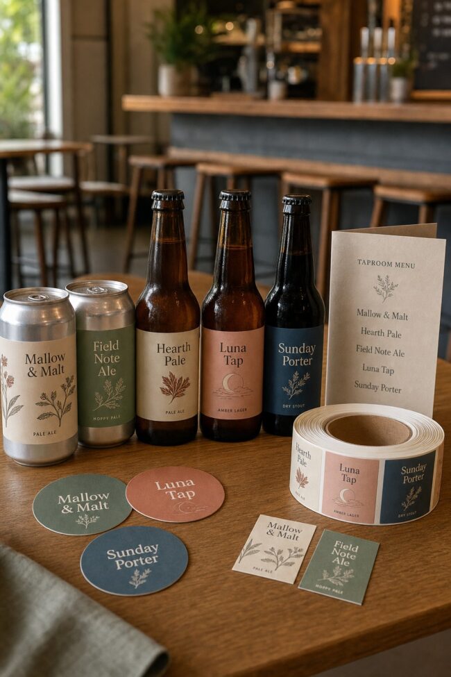 Craft brewery print kit · waterproof vinyl labels, 355gsm Beermat Board coasters and laminated menu · full-colour print · matte finish