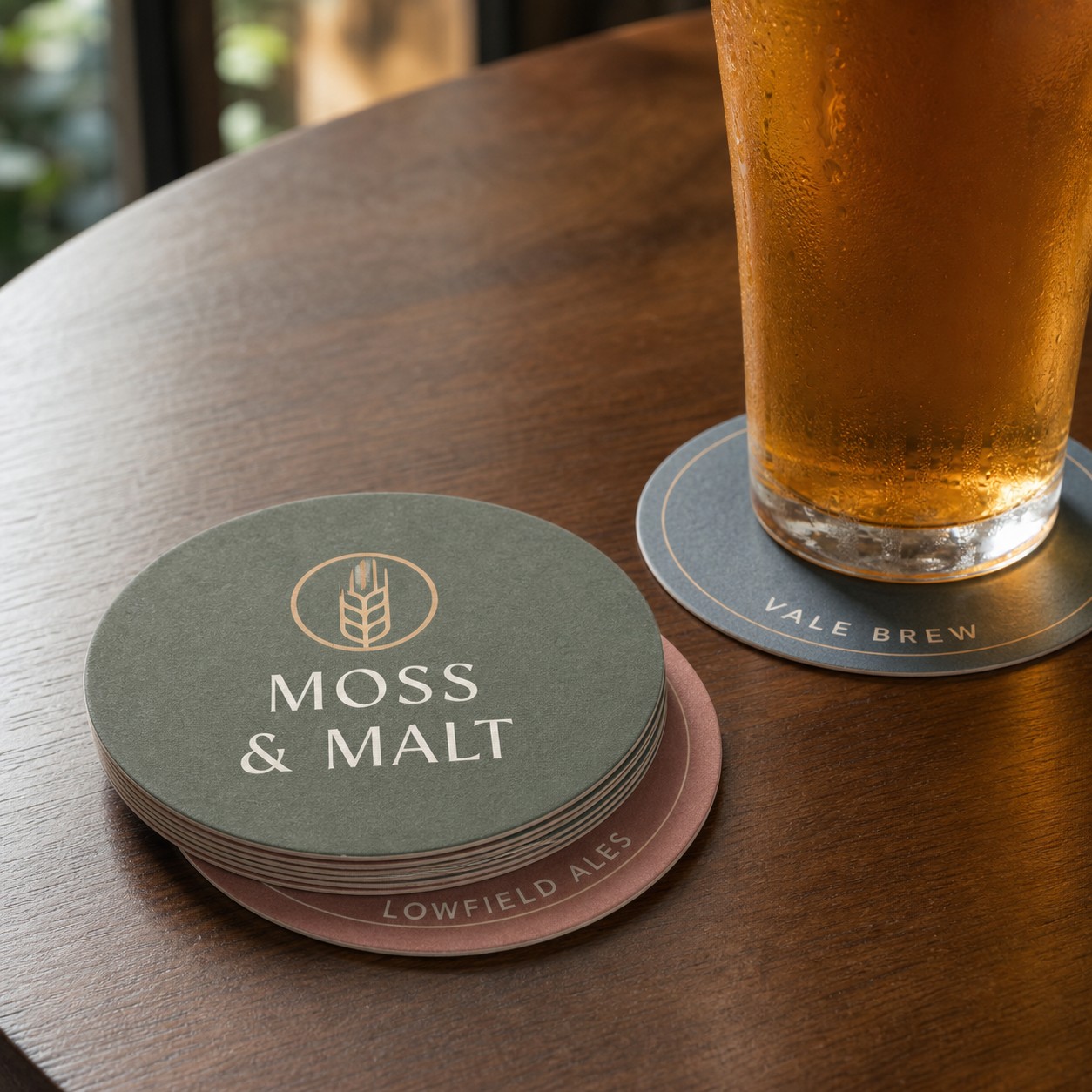 Round bar coasters · 355gsm Beermat Board · full-colour print · absorbent uncoated finish · 95mm round