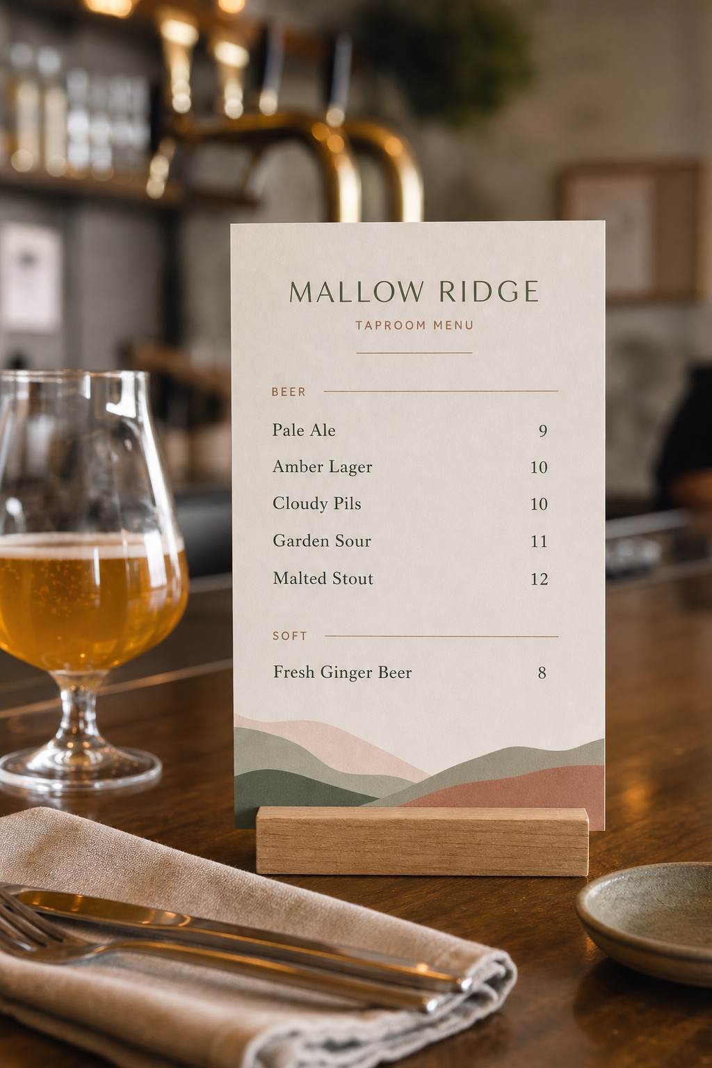 Taproom drinks menu · 300gsm matte stock · full-colour print · laminate finish · DL format, wipe-resistant
