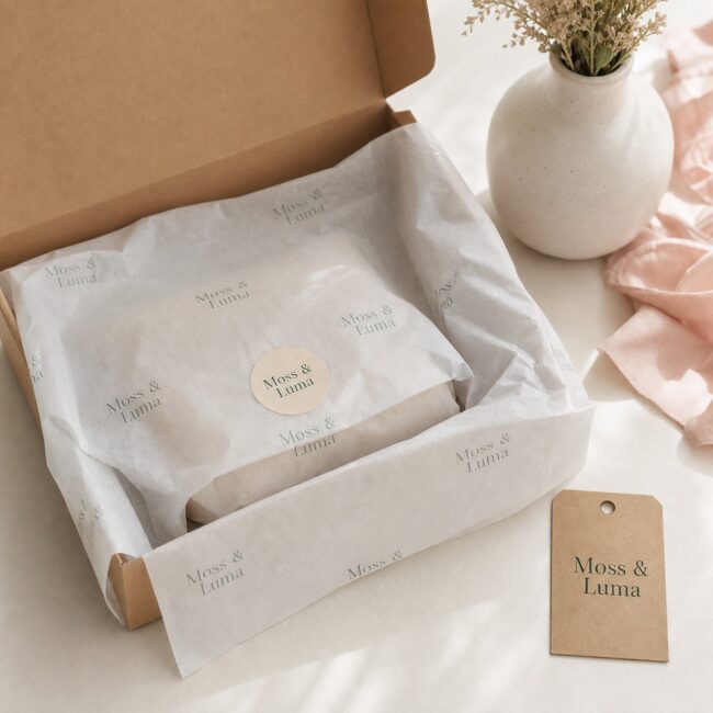 Printed tissue paper wrap · 28gsm recyclable tissue · spot-colour print · uncoated matte · die-cut sticker seal and kraft label
