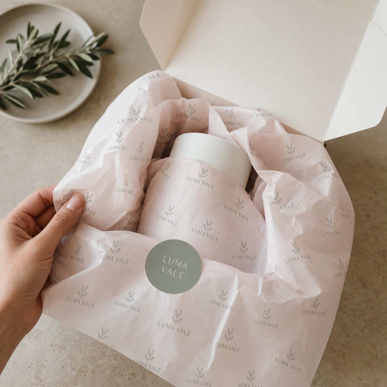 Repeat-pattern printed tissue paper · 28gsm recyclable tissue · spot-colour print · uncoated matte · finished with a circle sticker seal