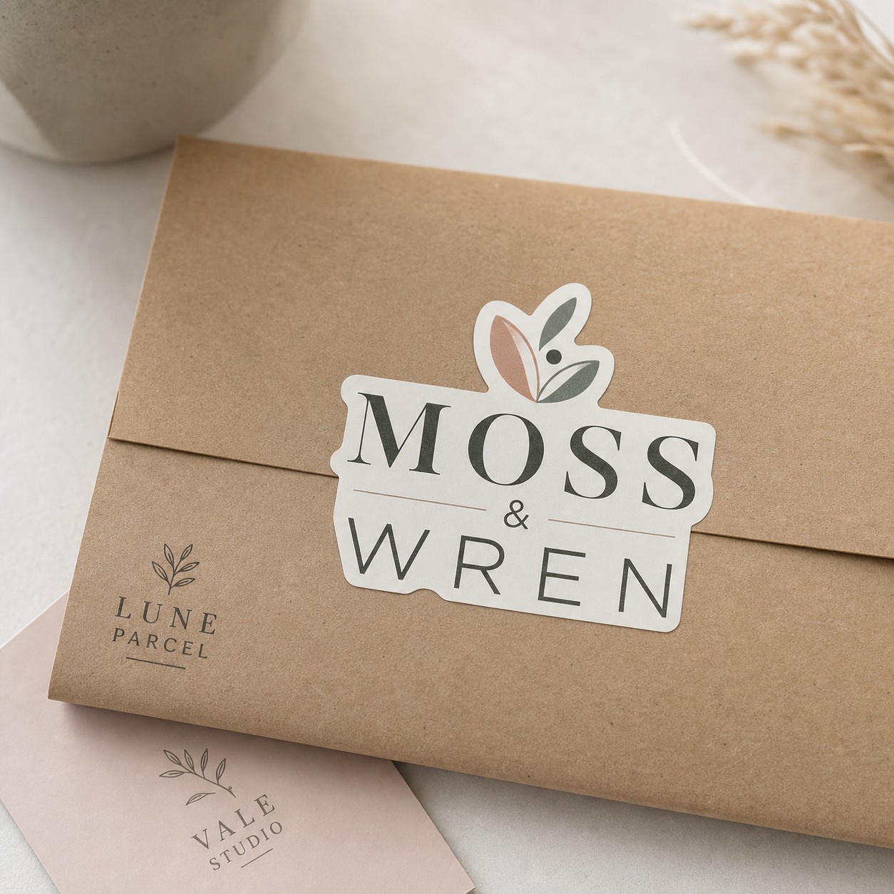 Die-cut logo sticker · 80-micron vinyl · full-colour print · matte laminate · contour-cut to seal a kraft mailer