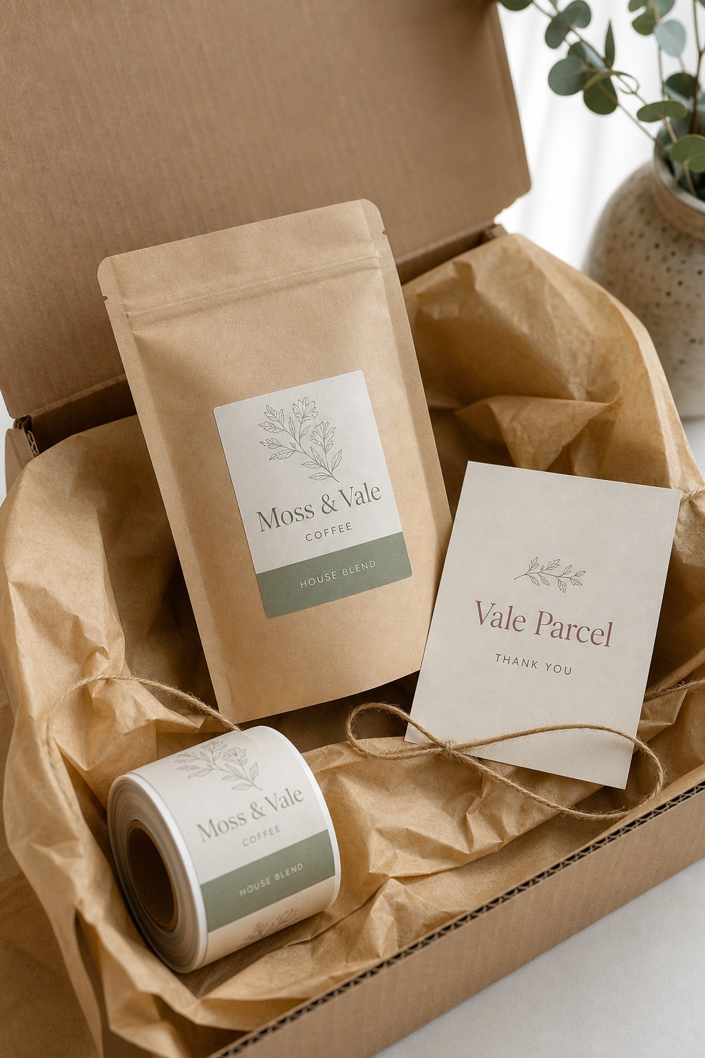 Rectangle product label · white cast paper · full-colour print · laminated finish · paired with a thank-you card in the parcel