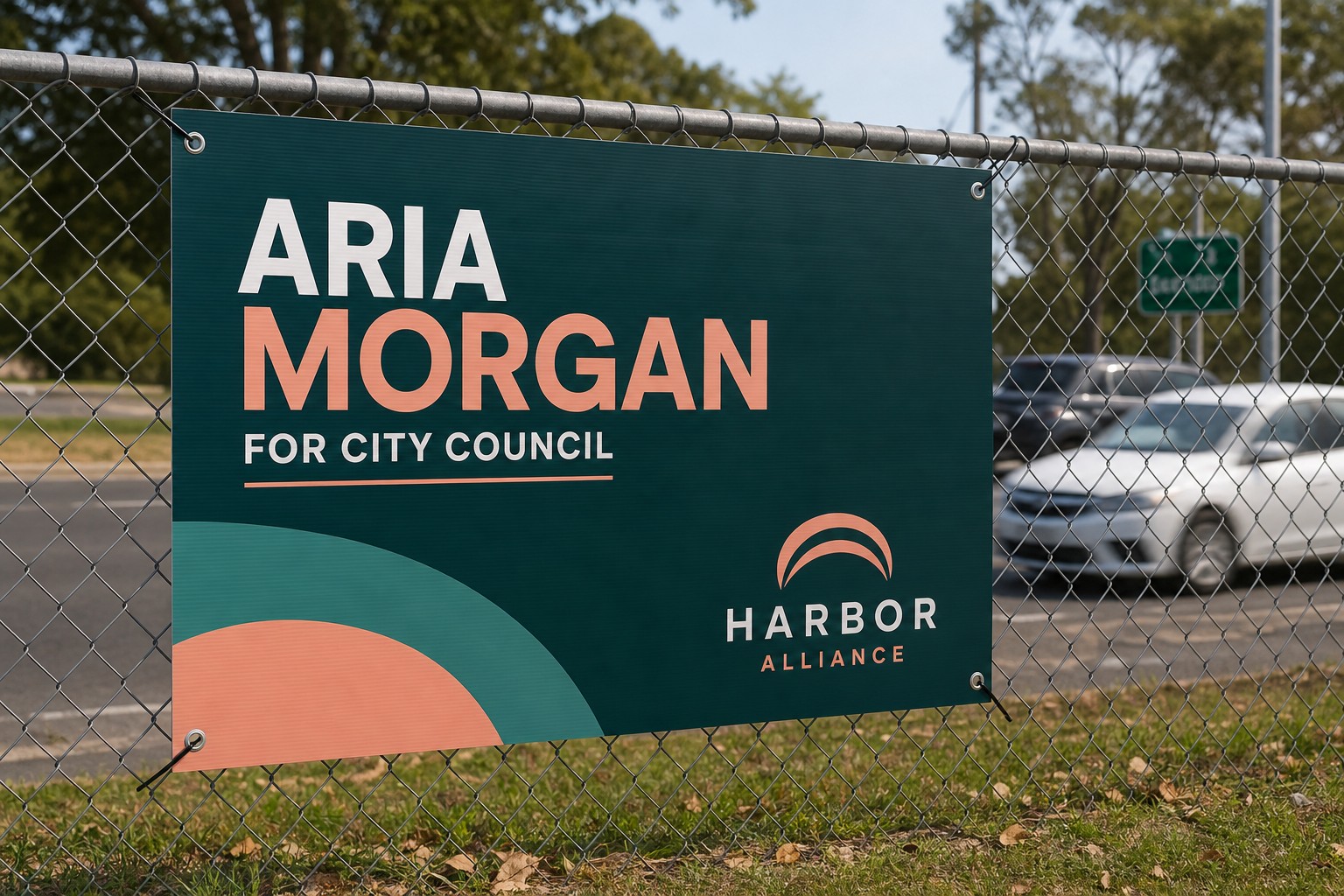 A 600 x 900mm corflute sign mounted on a chain-link fence alongside a main road with passing traffic
