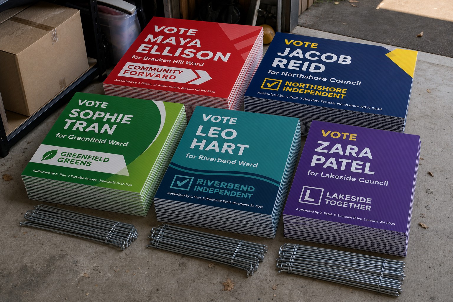Corflute election signs in campaign colours stacked on a garage floor with bundles of wire H-stakes, sorted and ready for distribution