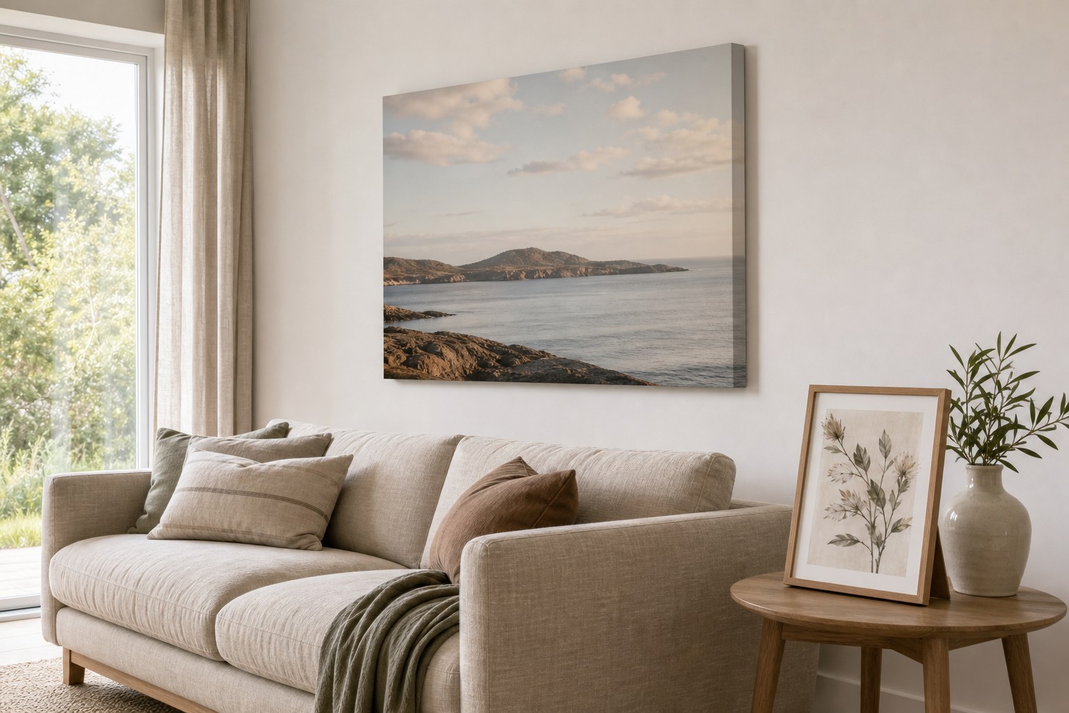 Canvas print on the wall and a framed print on a side table shown together