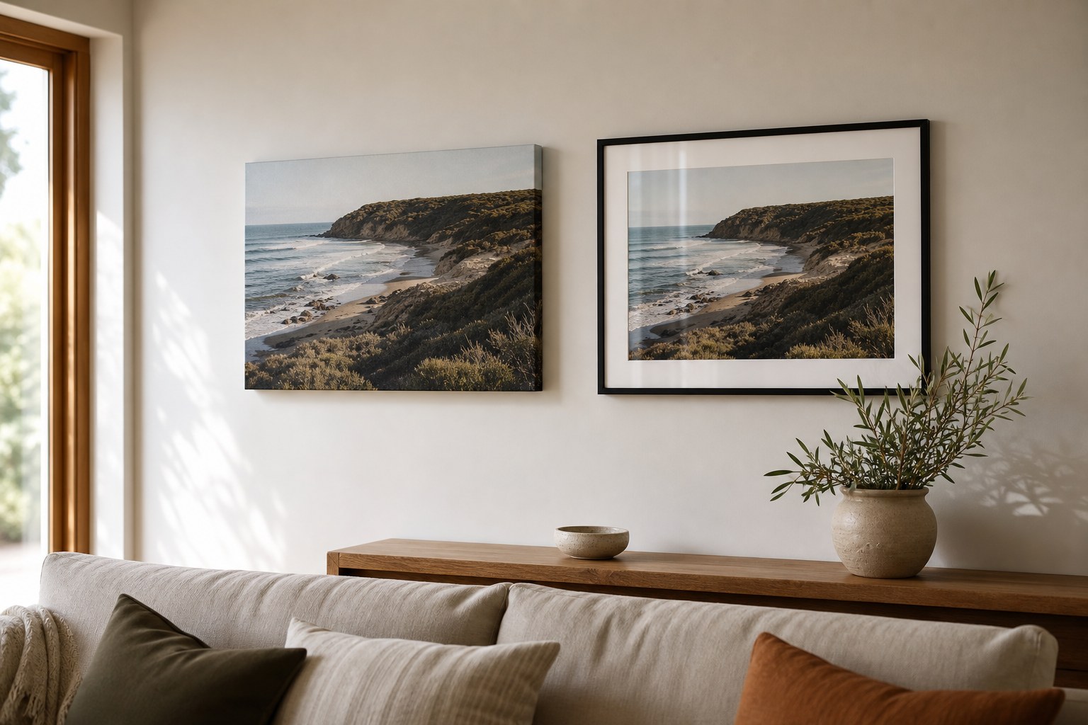 The same landscape shown as a canvas print and a framed print side by side