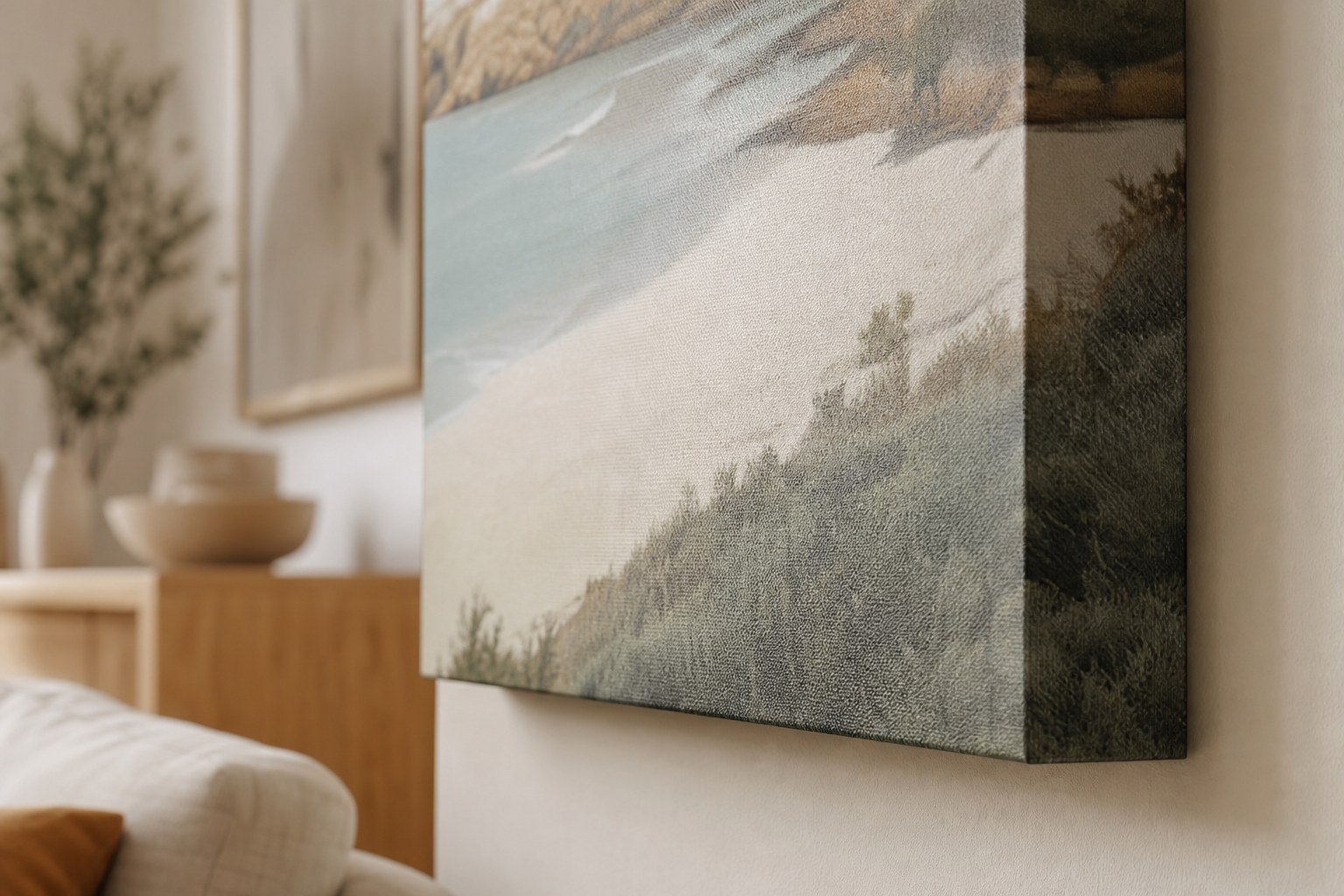 Close-up of a canvas print corner wrapping around the 38mm stretcher bar