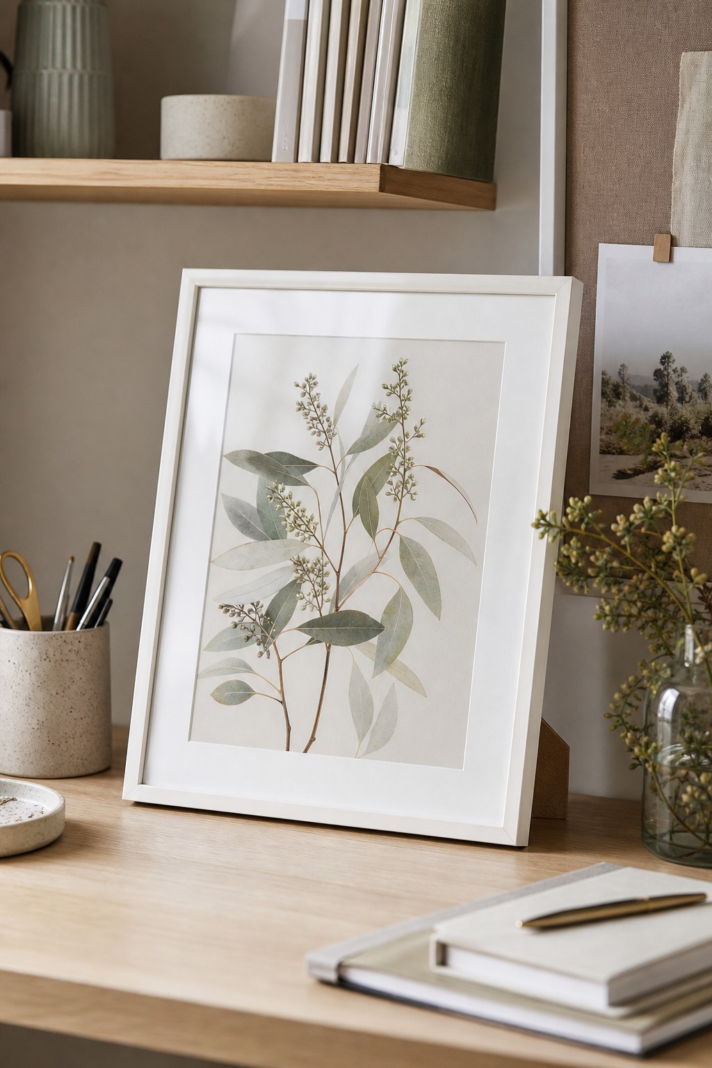 White framed fine-art print standing on a shelf using its fold-out easel