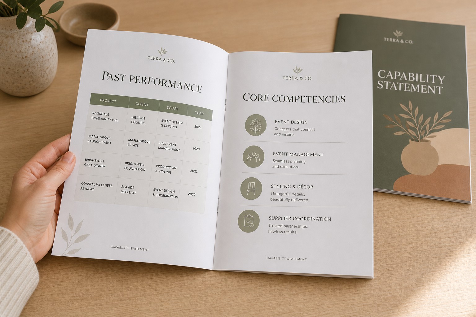 An open A4 capability statement booklet spread showing a past performance table and core competencies section