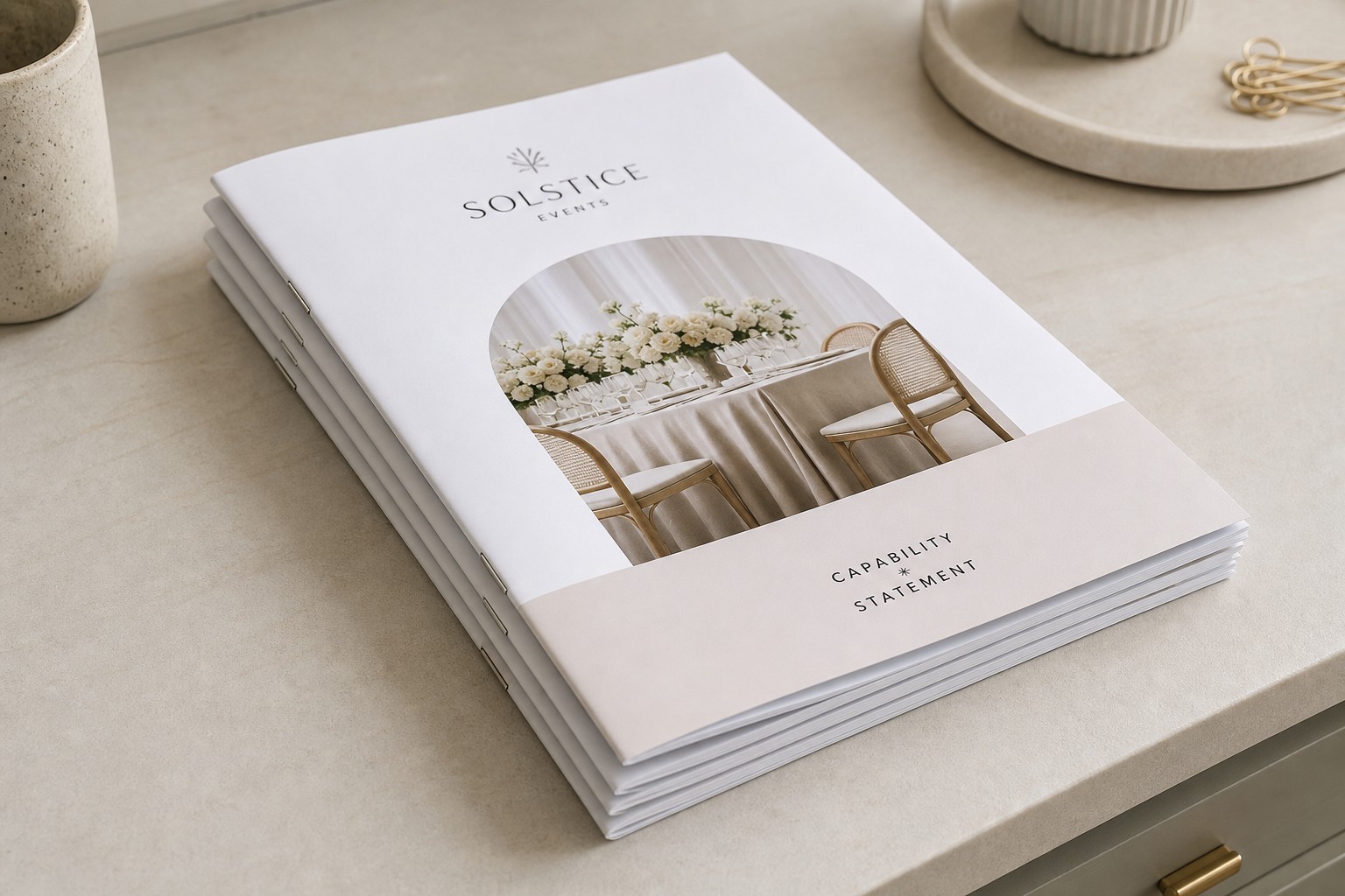 A stack of printed A4 capability statement booklets showing the matte cover finish and saddle-stitch spine