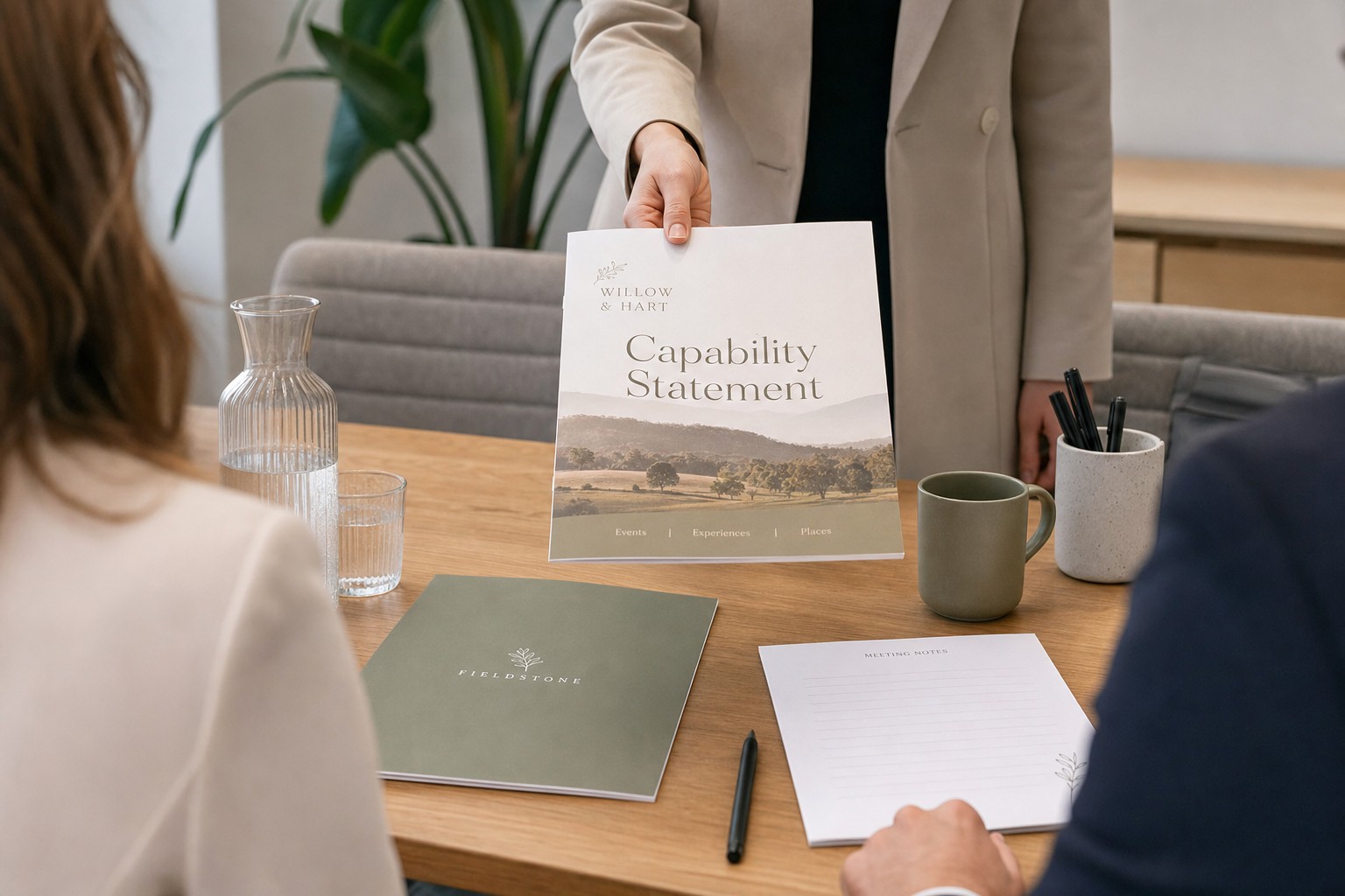 A business professional handing a printed A4 capability statement booklet across a meeting room table to a procurement panel