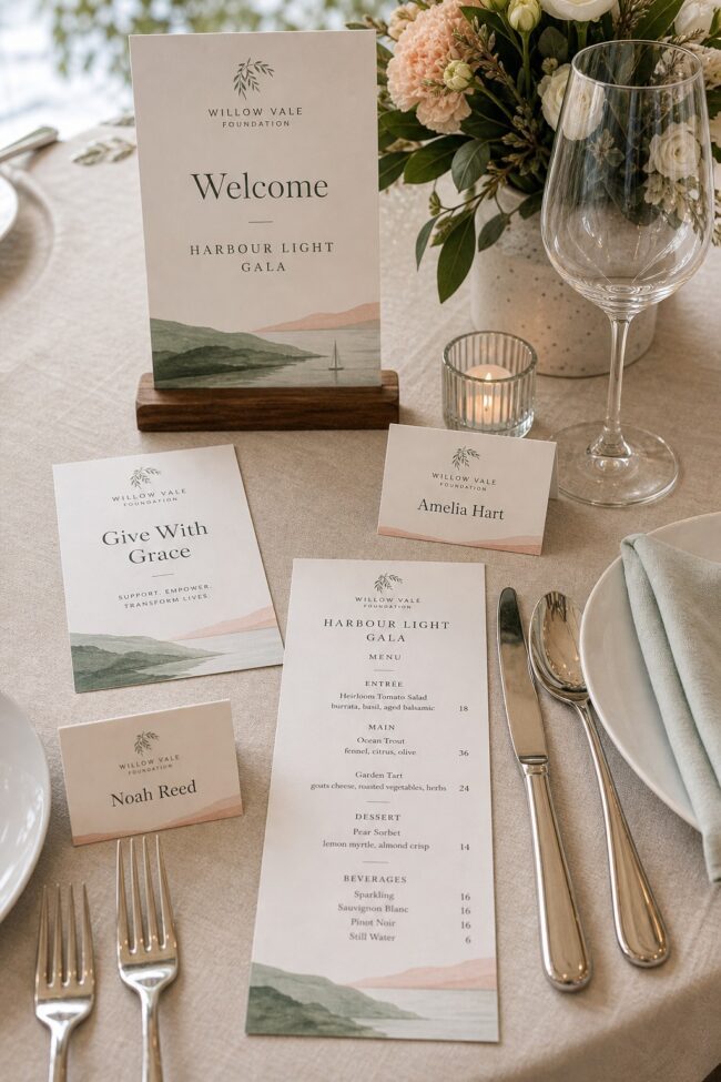 Charity gala print kit · 300gsm matte menu stock · full-colour digital print · matte finish · menu, place cards, donation card and welcome sign in one foundation brand