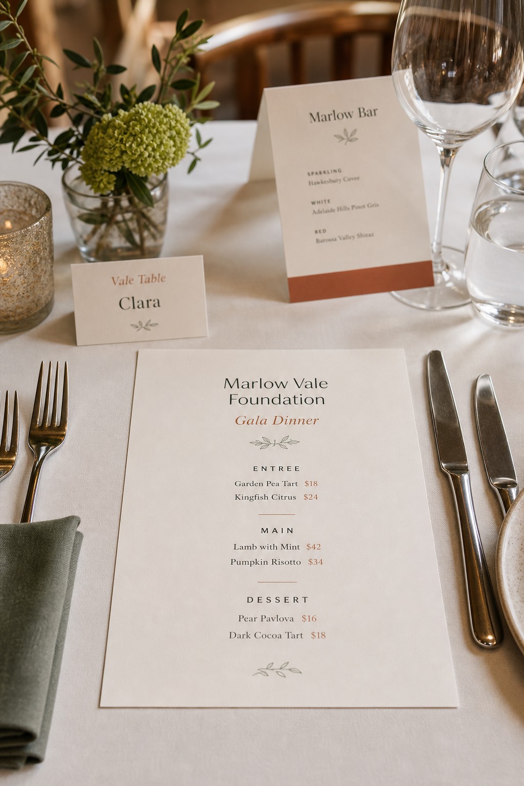 Gala dinner menu · 300gsm matte stock · full-colour digital print · matte finish · printed for each place setting