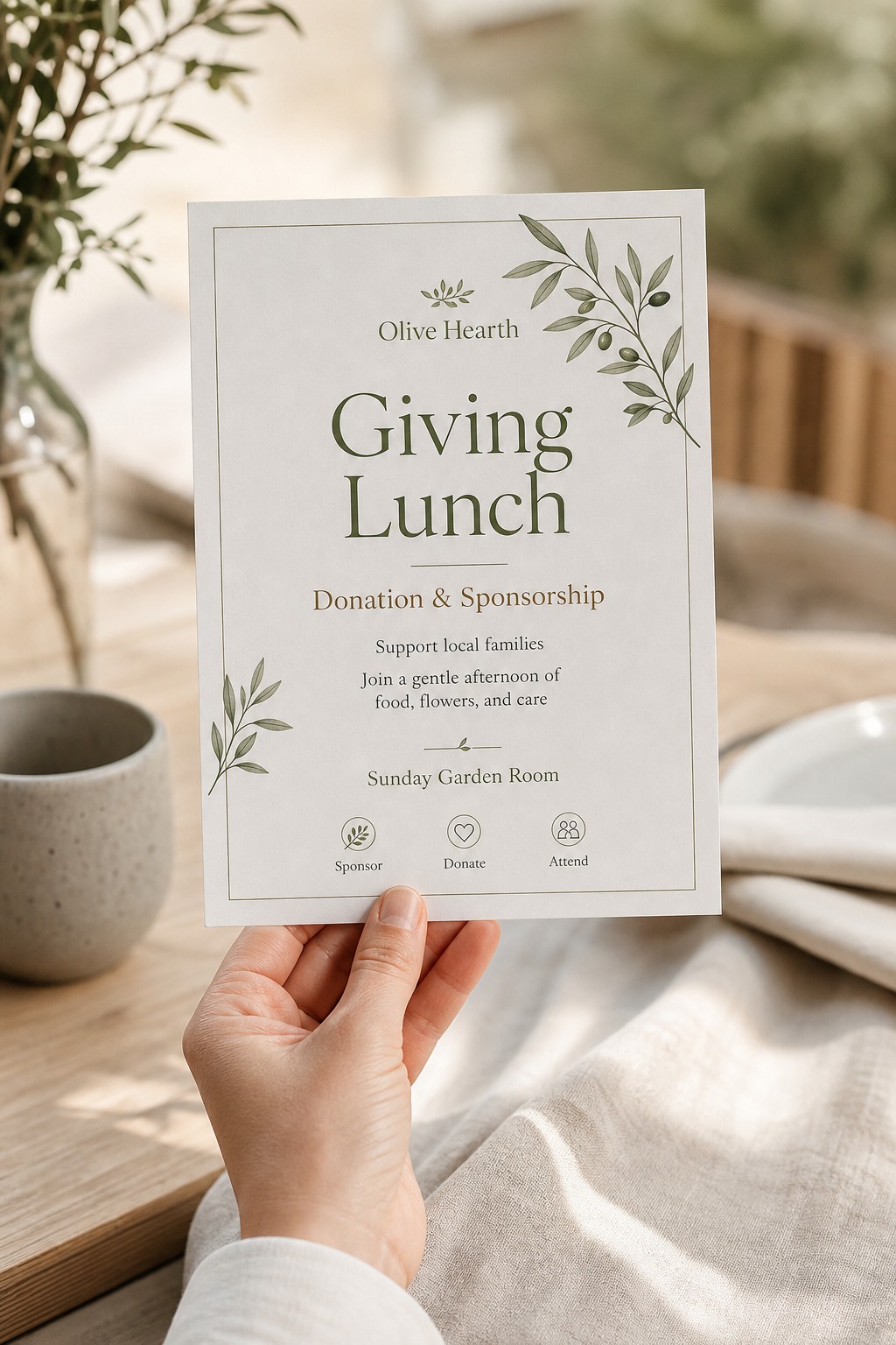 Donation and sponsorship flyer · matte paper stock · full-colour digital print · matte finish · held at the table for guests