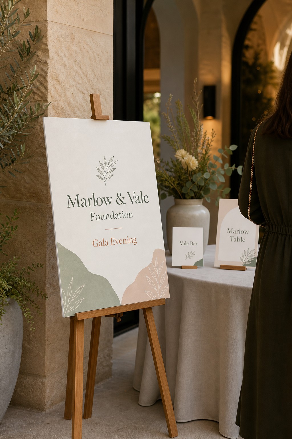 Foamed-PVC welcome sign · rigid 5mm foamboard · full-colour digital print · matte finish · displayed on an easel at the gala entrance