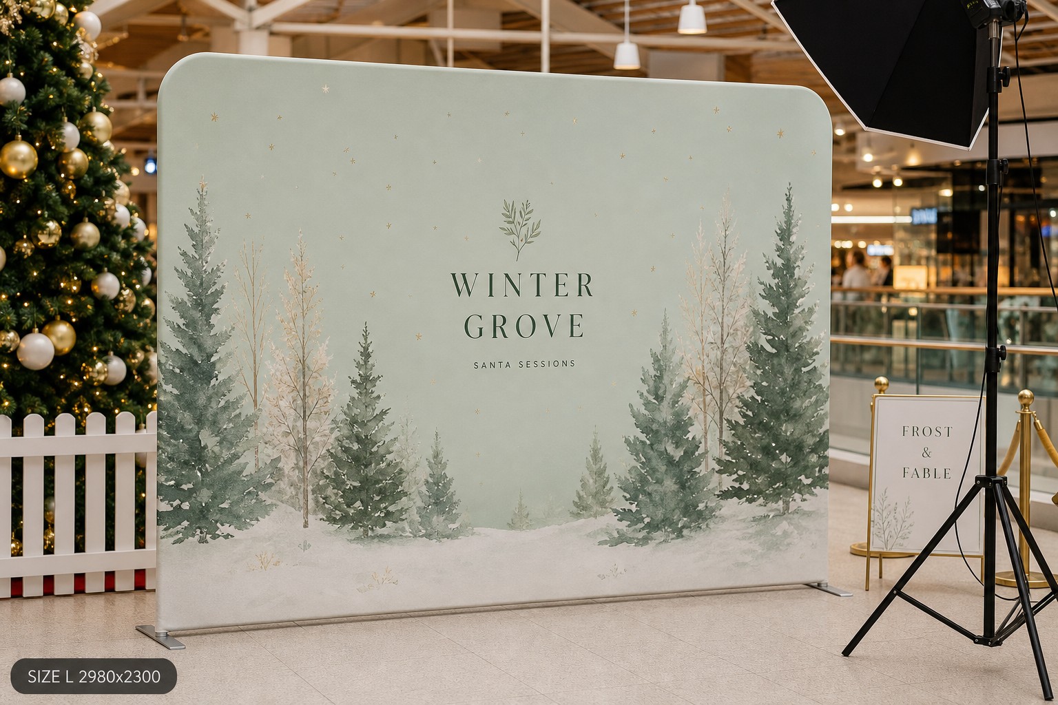 Close-up of a matte stretch fabric Christmas backdrop installed in a shopping centre Santa set