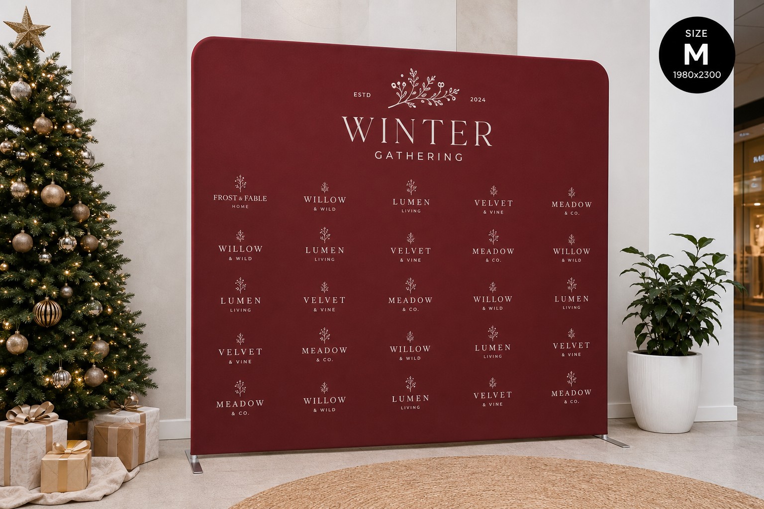 Branded retail Christmas step-and-repeat backdrop with sponsor logos on deep red background