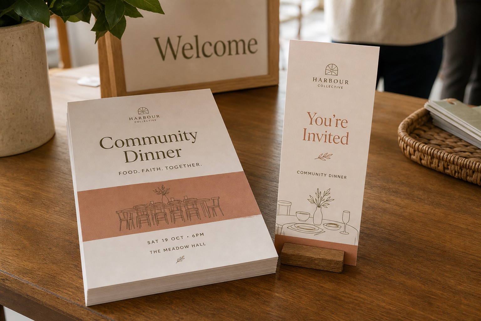 A stack of A5 community event flyers and a DL size flyer standing in front of them