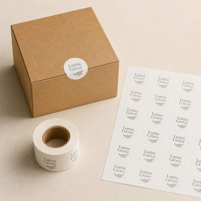 Round labels as a box seal · white cast paper · full-colour digital print · permanent adhesive · supplied on a sheet