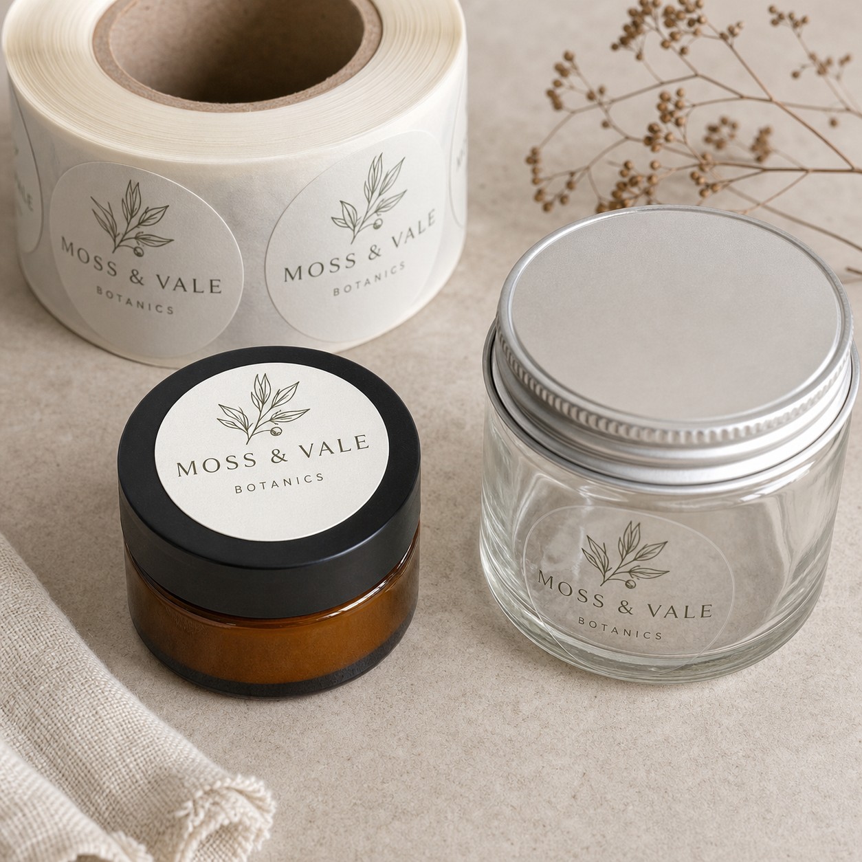 Synthetic paper vs clear vinyl round labels · moisture-resistant and waterproof stocks · full-colour digital print · no-label vinyl look