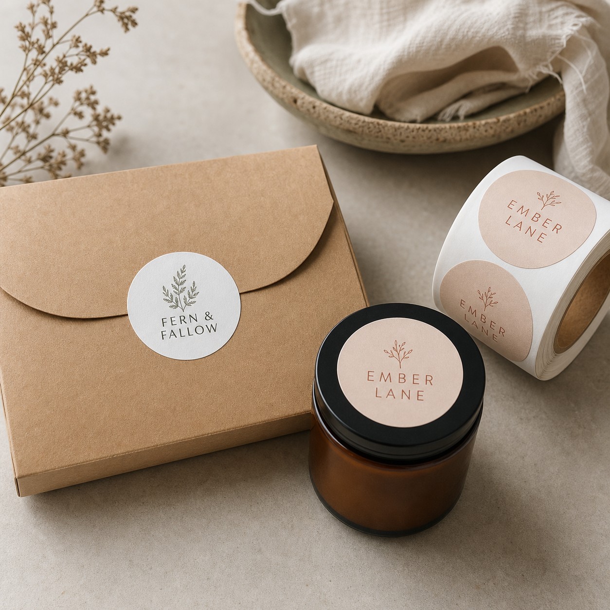 Round labels as closure seals on a mailer and candle lid · white cast paper · full-colour digital print · permanent adhesive