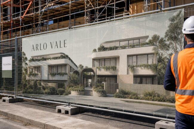 Construction hoarding banner · 300gsm perforated PVC mesh · full-colour digital print · reinforced hem binding and eyelets