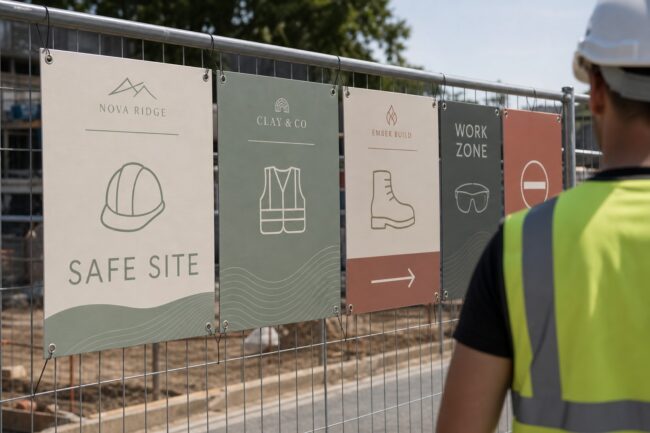 Construction site safety signs · 3 mm TEKflute fluted polypropylene · full-colour UV-resistant print · matte finish · cable-tied to temporary fencing