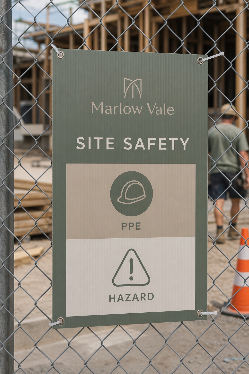 Corflute site safety sign · 3 mm TEKflute fluted polypropylene · full-colour UV-resistant print · matte finish · AS 1319 PPE and hazard pictograms
