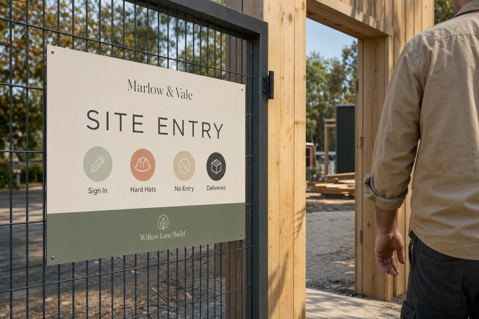 Site entry sign · aluminium composite material (ACM) · full-colour UV-resistant print · matte finish · rigid panel for semi-permanent installation