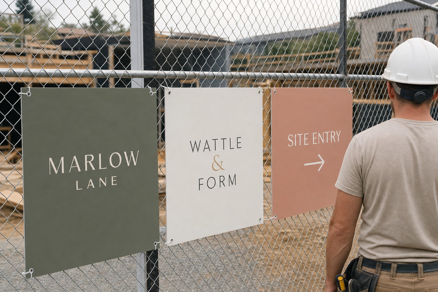 Directional site signs · 3 mm TEKflute fluted polypropylene · full-colour UV-resistant print · matte finish · cable-tied along perimeter fencing