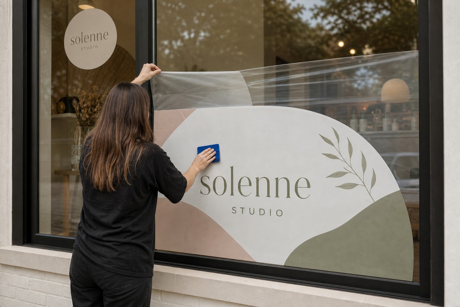 A large-format vinyl graphic being applied to a commercial shopfront window mid-installation