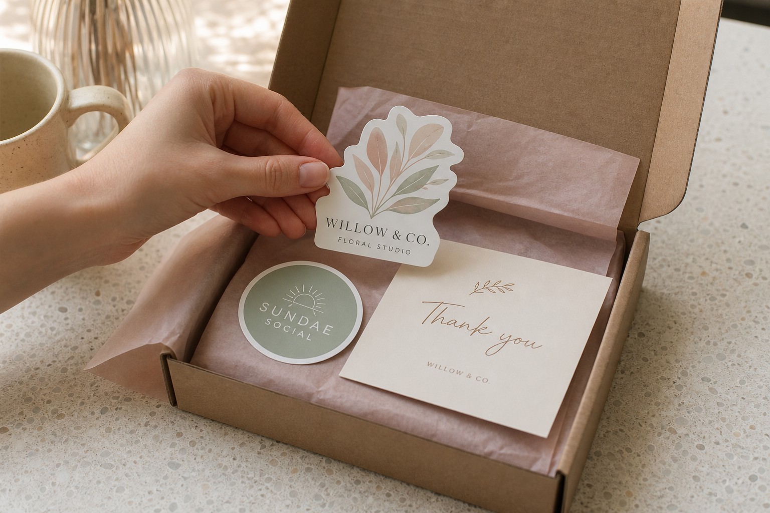 Branded die-cut vinyl stickers being placed inside a small business shipping box alongside tissue paper and a handwritten thank-you card