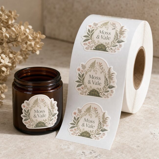 Custom die-cut labels on the roll · premium white cast paper · full-colour digital print · matte laminate · contour cut to the artwork