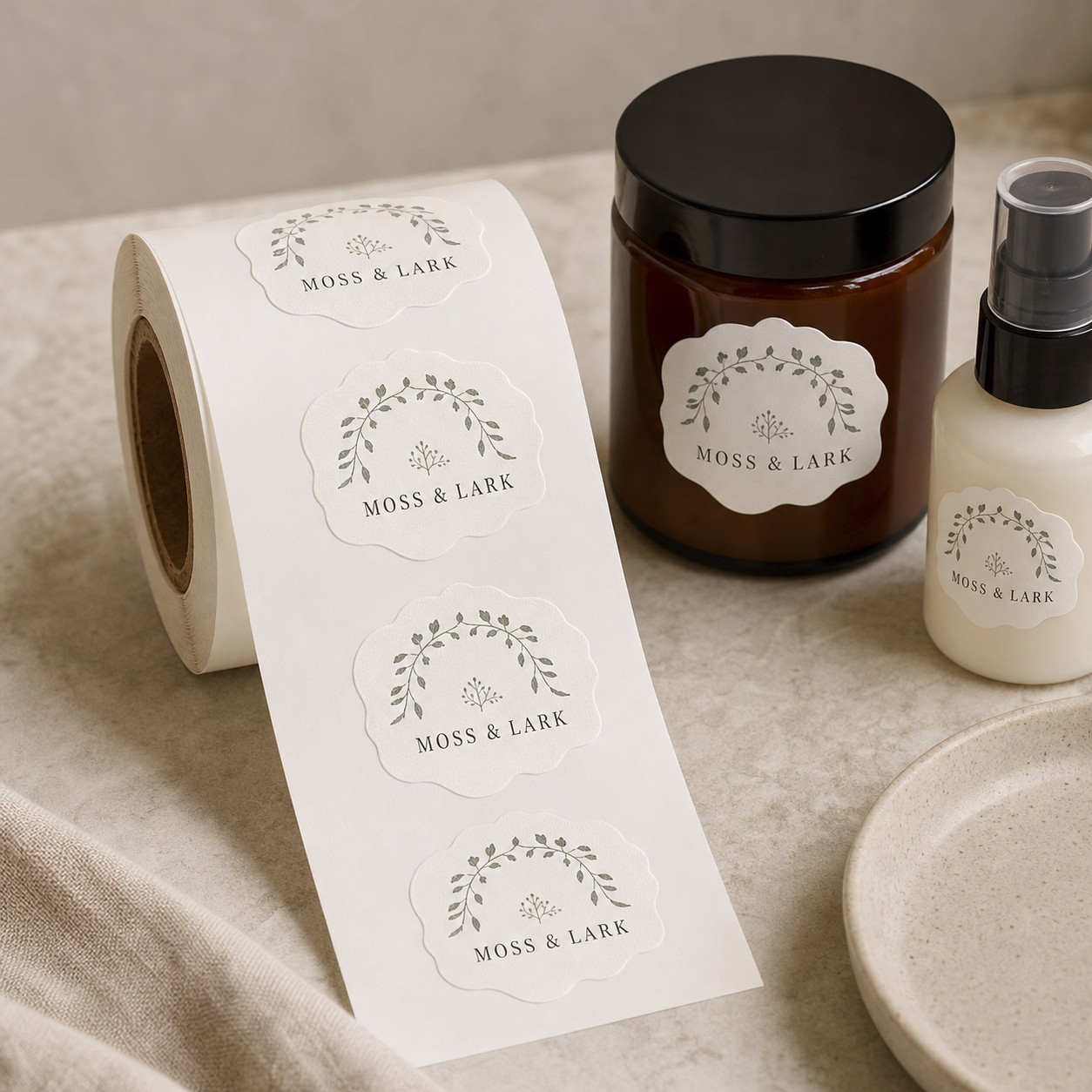 Die-cut labels wound on a core, peeling one at a time · white cast paper · full-colour digital print · gloss laminate