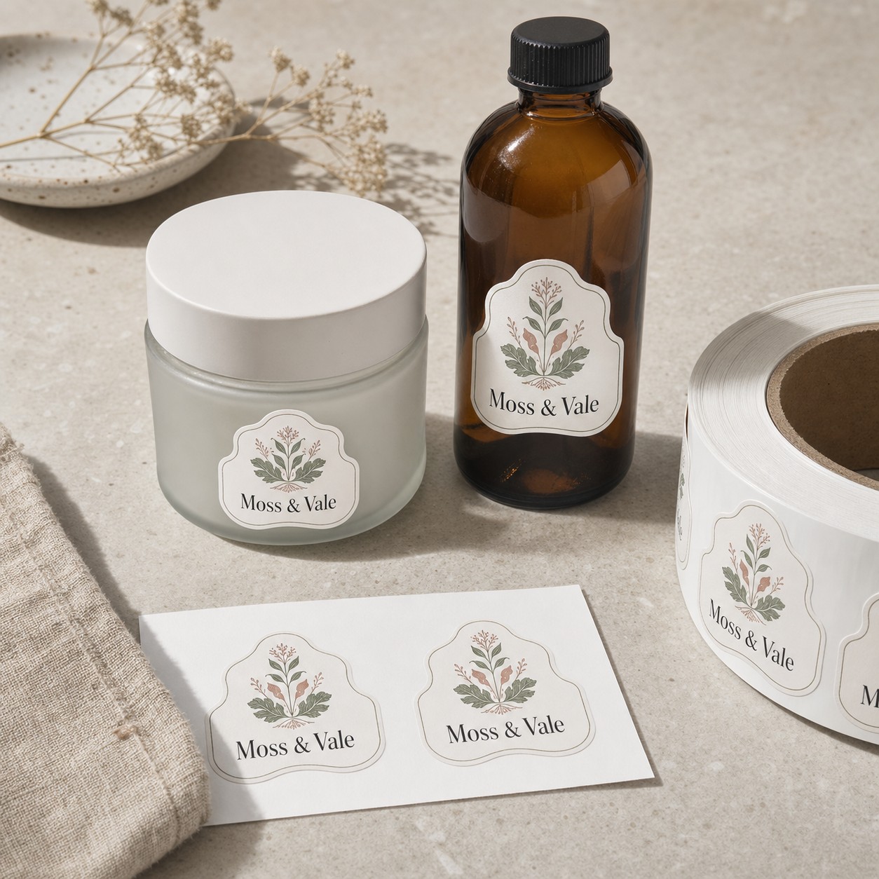 Cast paper vs synthetic paper die-cut labels · smooth white cast and water-resistant synthetic · full-colour digital print · matte laminate