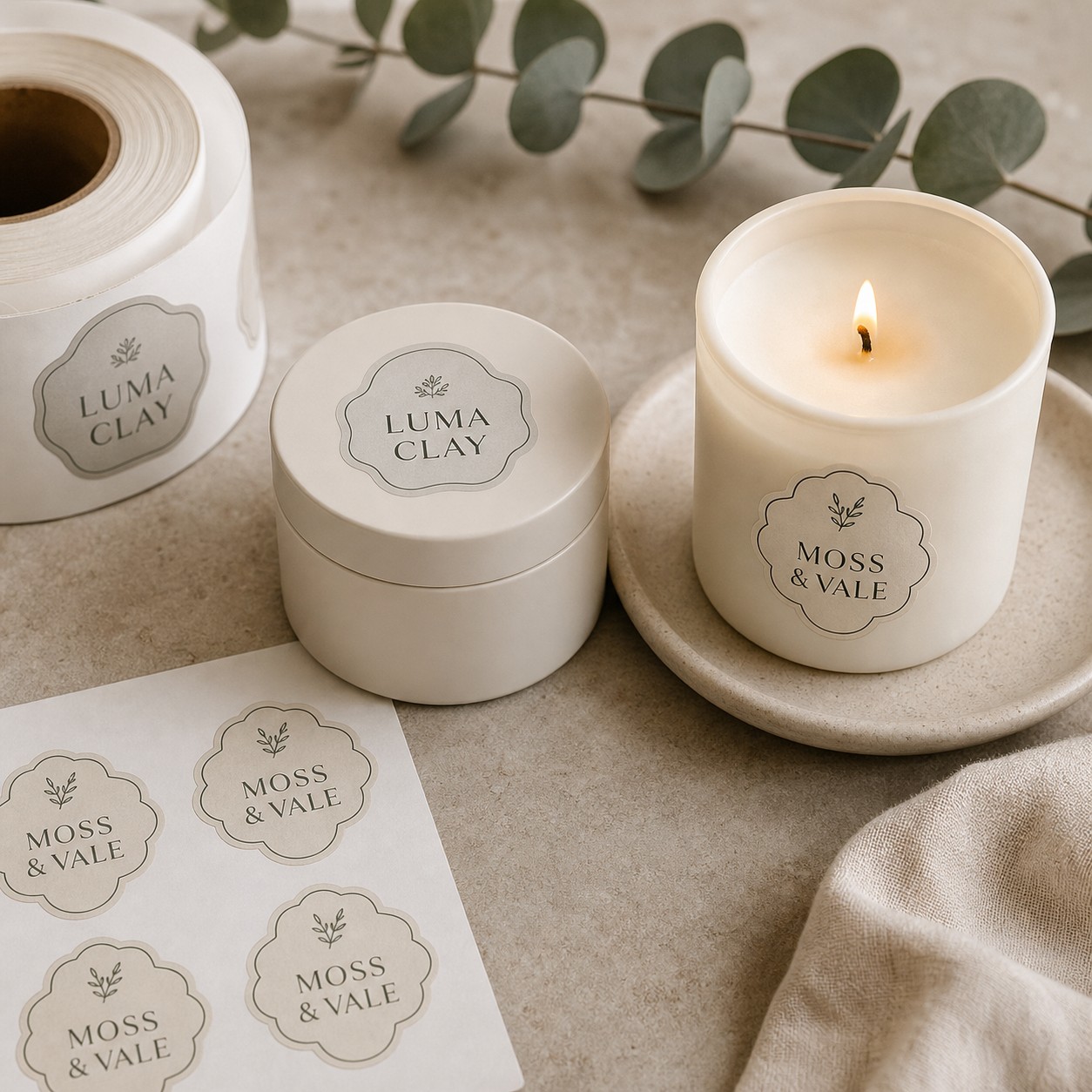 Die-cut labels as seals on a candle and cosmetic jar · synthetic paper · full-colour digital print · matte laminate