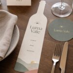Bottle-shaped die-cut menu · 300gsm matte stock · full-colour print · matte laminate finish