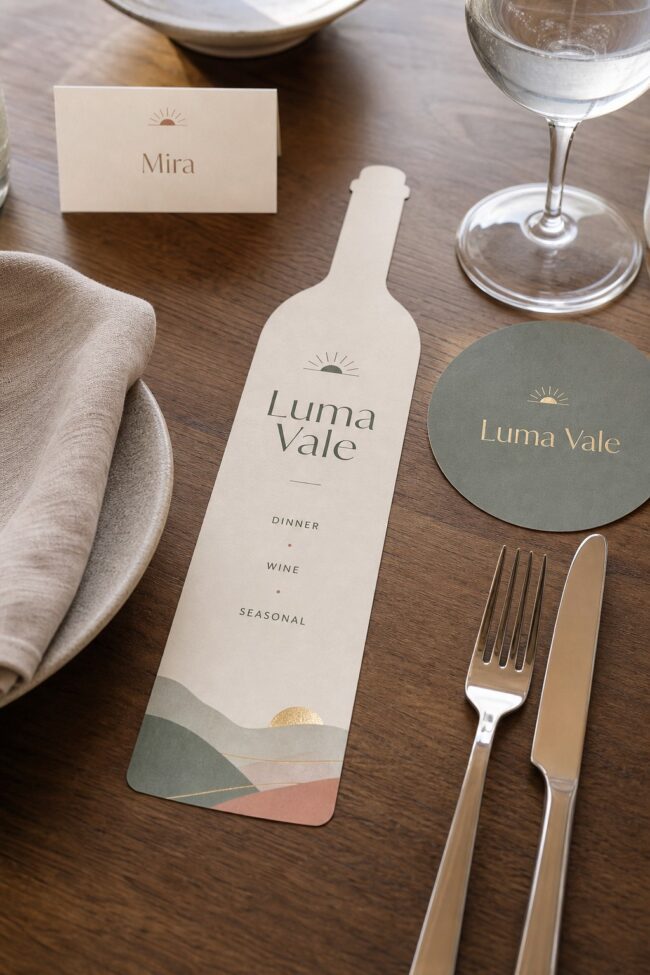 Bottle-shaped die-cut menu · 300gsm matte stock · full-colour print · matte laminate finish