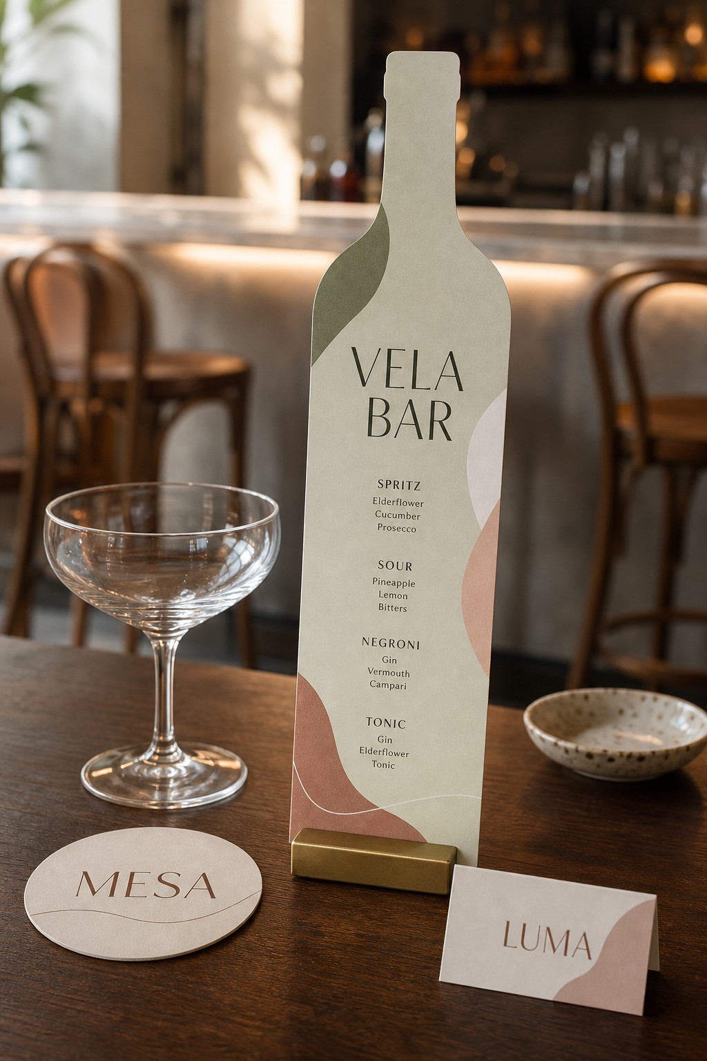 Bottle-shaped drinks menu on a bar · 300gsm matte stock · full-colour print · matte laminate · custom contour cut