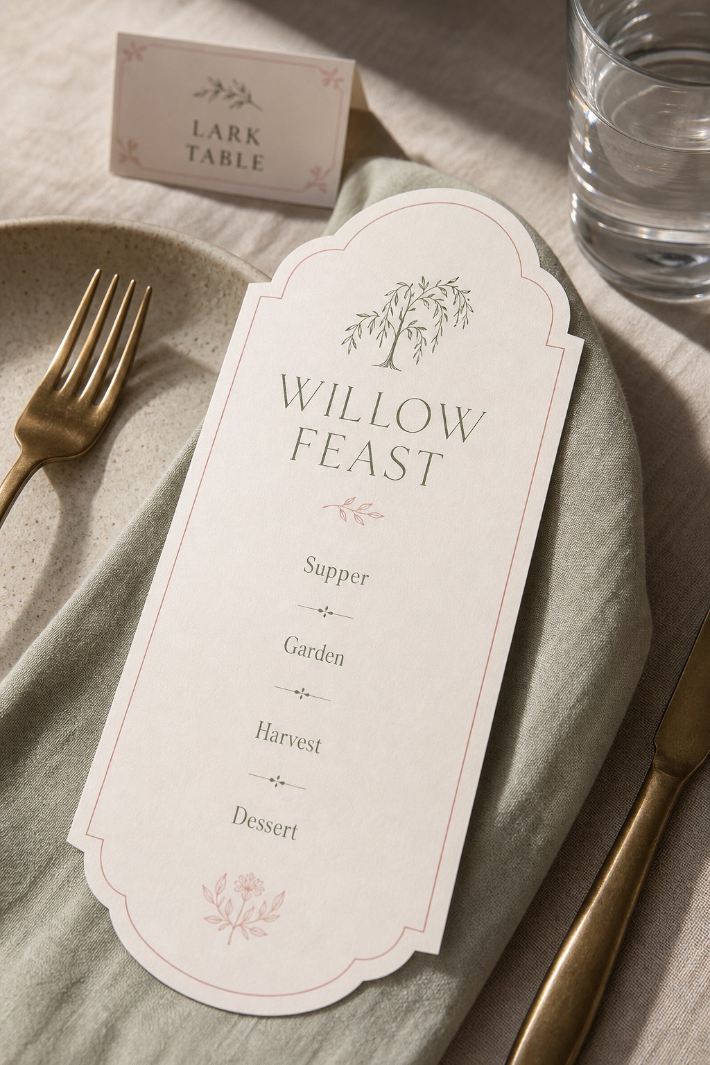 Die-cut menu with custom contour edge · 300gsm matte stock · full-colour print · matte laminate finish